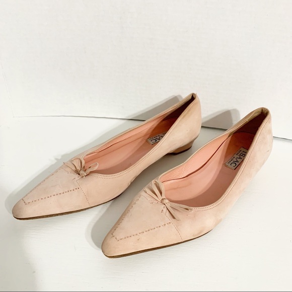 Isaac Isaac Mizrahi Pointed Toe Blush Pink Suede Flats Bow Detailing Stitching - Picture 1 of 10